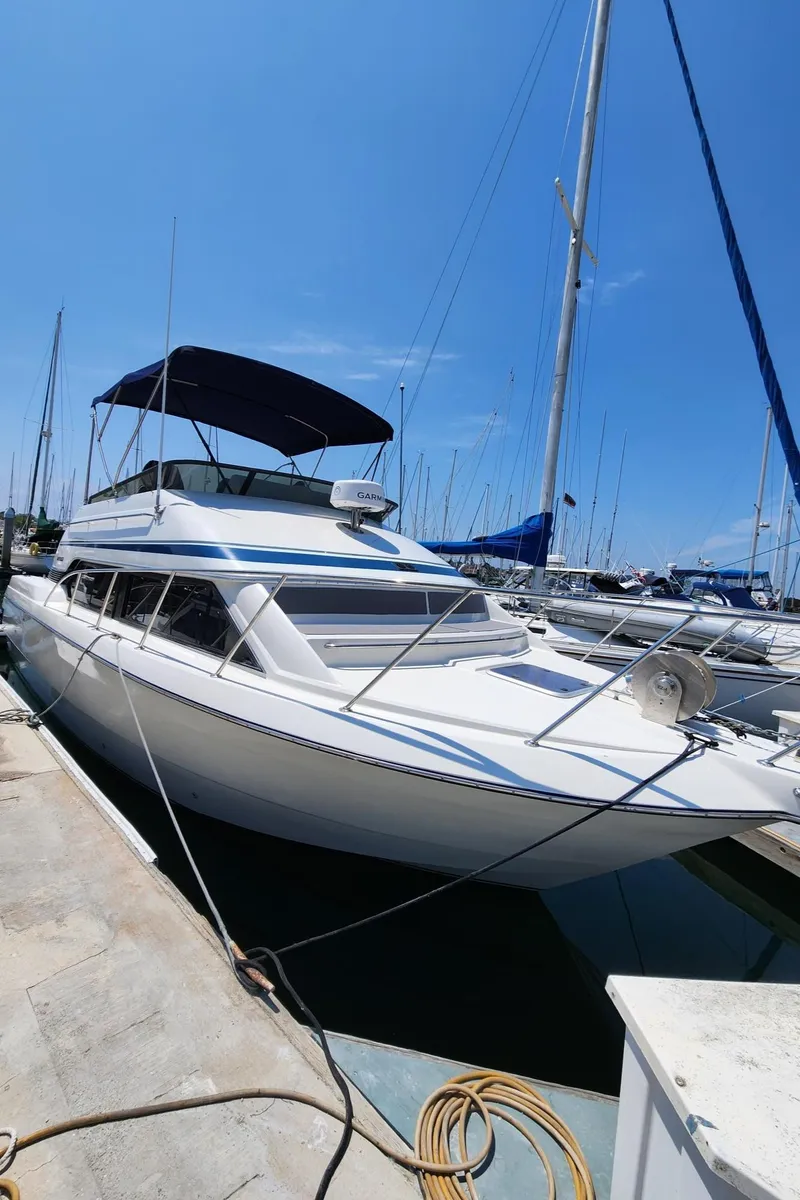 Slide: The Image of 1991 Wellcraft Triumph 34 boat docked at marina under clear blue sky. - 2