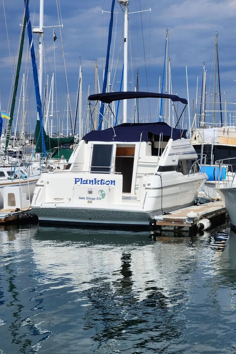 Slide: The Image of 1991 Wellcraft Triumph 34 boat docked in marina with blue canopy. - 3