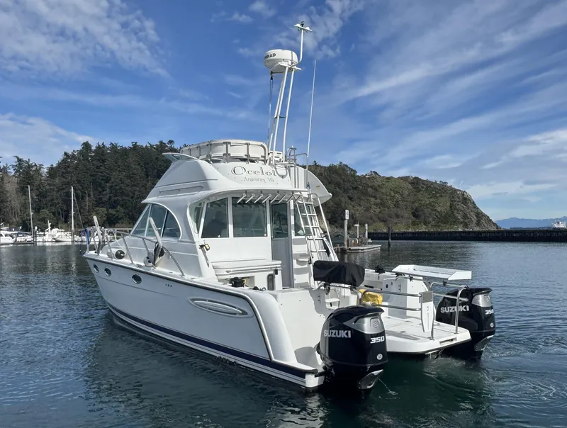 Slide: The Image of 2005 Glacier Bay 3490 Ocean Runner boat with twin Suzuki engines in a scenic harbor. - 8