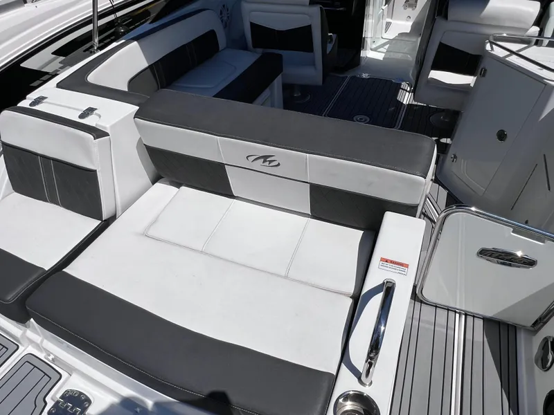 Slide: The Image of 2022 Monterey M45 boat interior with sleek seating and modern design. - 16
