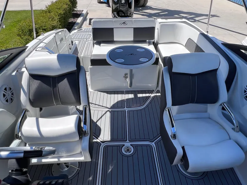 Slide: The Image of 2022 Monterey M45 boat interior with sleek seating and modern design. - 22