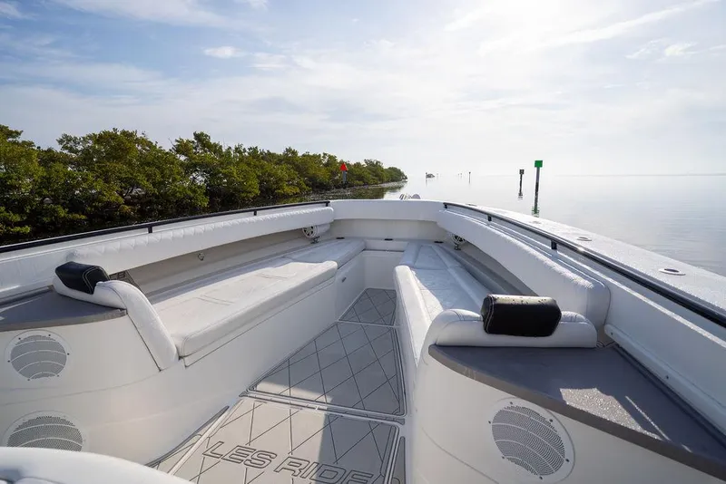 Slide: The Image of 2019 HCB 53 boat with spacious seating, docked near lush greenery. - 32