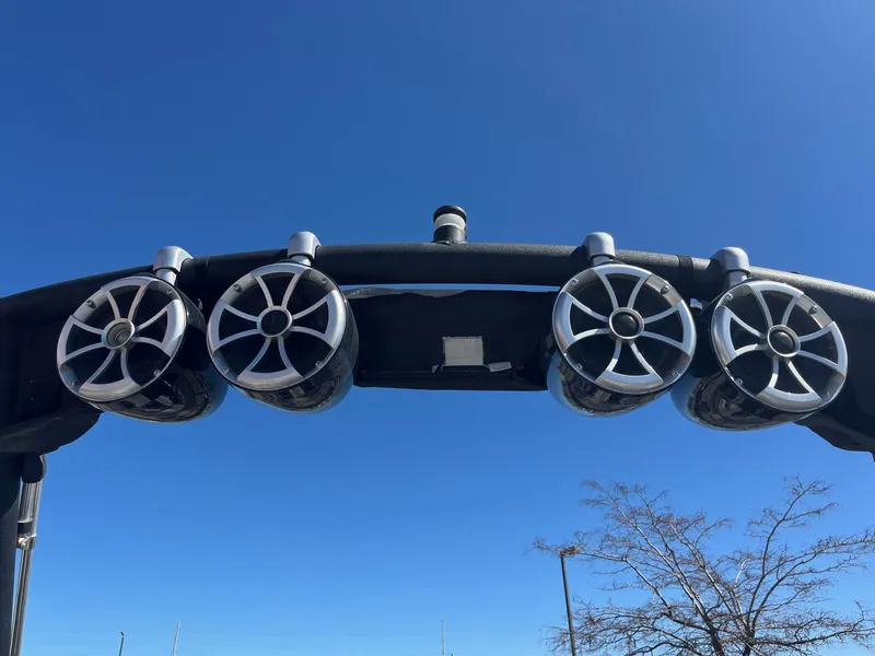 Slide: The Image of 2017 Axis Boats T22 tower speakers against clear blue sky. - 33