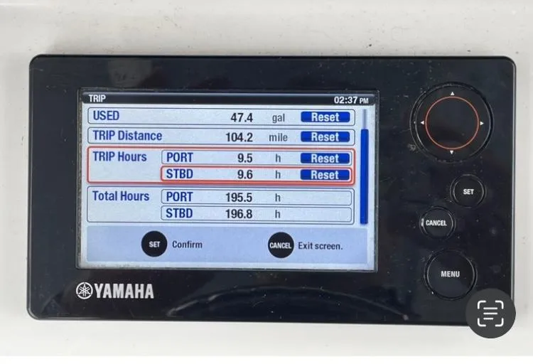 Slide: The Image of Yamaha boat display showing trip data for Sea Hunt Gamefish 25, 2018 model. - 8