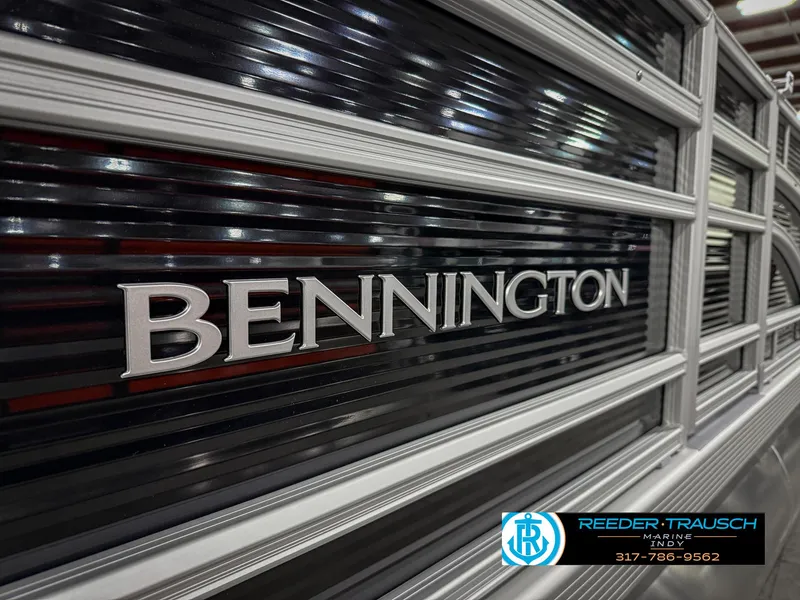 Slide: The Image of 2025 Bennington 20 SSR boat logo with sleek metallic design. - 44