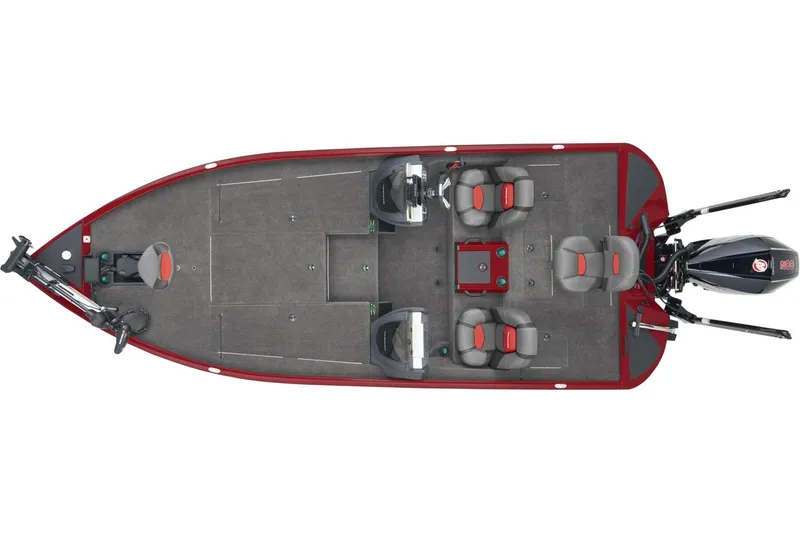 Slide: The Image of 2025 Tracker Savage 215 boat interior with gray and red seating arrangement. - 3