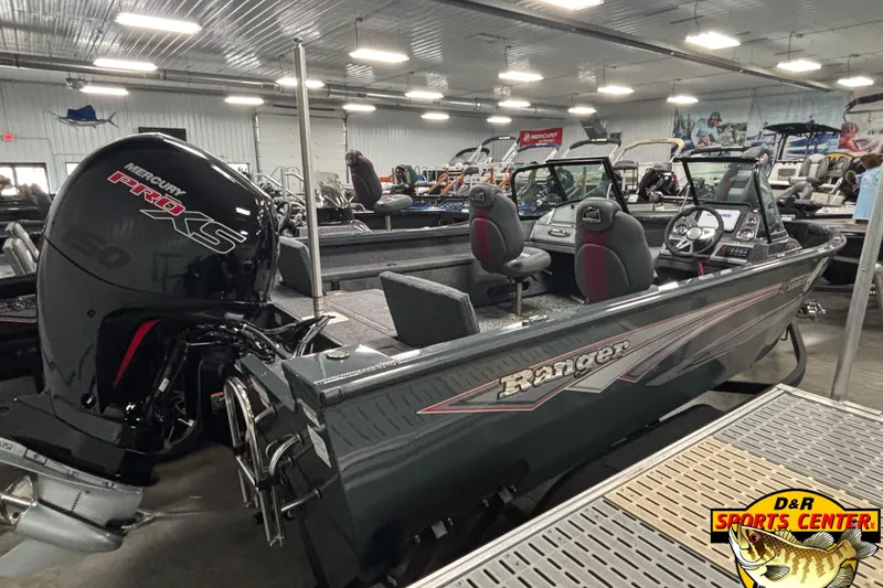 Slide: The Image of 2025 Ranger VS1882SC Reata boat with Mercury Pro XS engine in showroom. - 2
