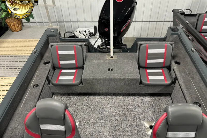 Slide: The Image of 2025 Ranger VS1882SC Reata boat interior with gray and red seating, motor visible. - 9