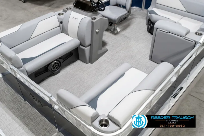 Slide: The Image of 2025 Avalon 1785 Venture CRB pontoon boat interior with gray seating and steering console. - 11