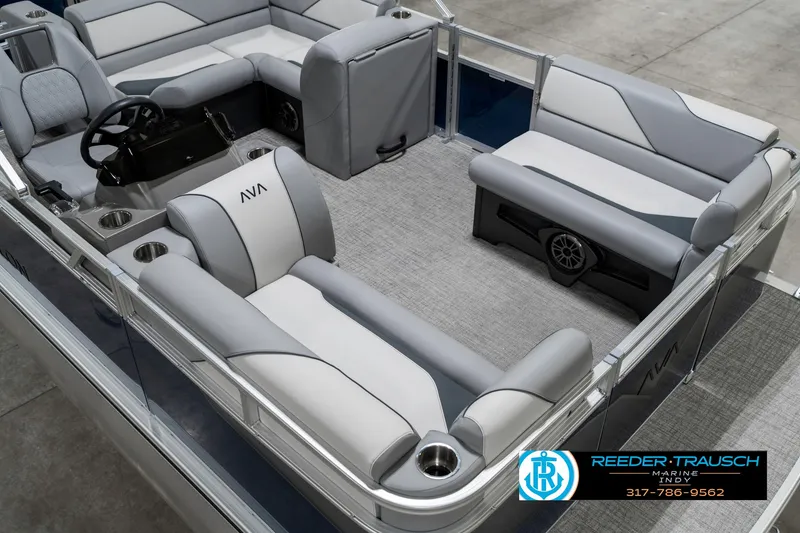 Slide: The Image of 2025 Avalon 1785 Venture CRB pontoon boat interior with gray seating and steering console. - 12