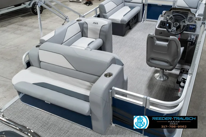 Slide: The Image of 2025 Avalon 1785 Venture CRB pontoon boat interior with gray seating and steering console. - 13
