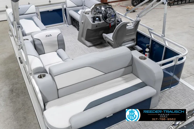 Slide: The Image of 2025 Avalon 1785 Venture CRB pontoon boat interior with plush seating and modern helm. - 14