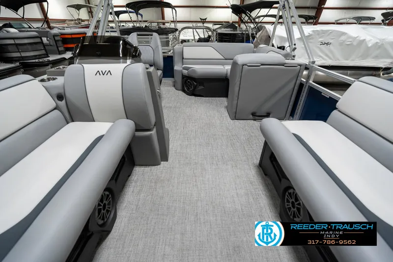 Slide: The Image of 2025 Avalon 1785 Venture CRB pontoon boat interior with gray seating and modern design. - 15