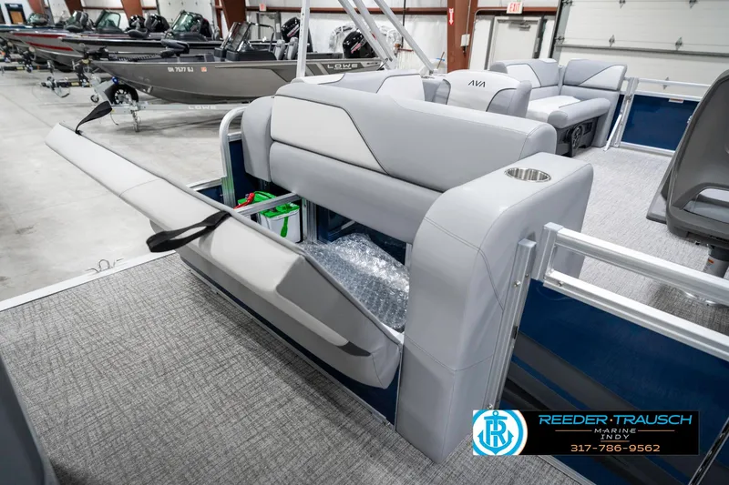 Slide: The Image of 2025 Avalon 1785 Venture CRB pontoon boat interior with storage compartment open. - 27