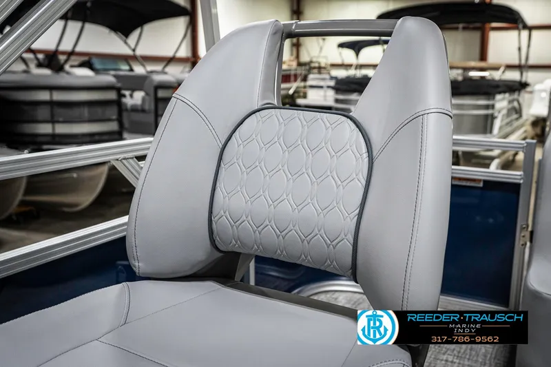Slide: The Image of 2025 Avalon 1785 Venture CRB boat seat with elegant gray upholstery in showroom. - 38