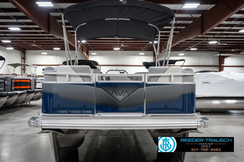 Slide: The Image of 2025 Avalon 1785 Venture CRB pontoon boat in showroom, rear view. - 4