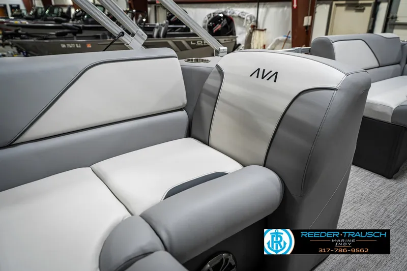 Slide: The Image of 2025 Avalon 1785 Venture CRB boat interior with gray and white seating. - 40