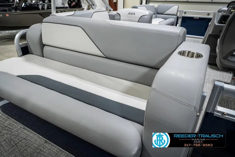 Slide: The Image of 2025 Avalon 1785 Venture CRB boat interior with gray seating and cup holder. - 41