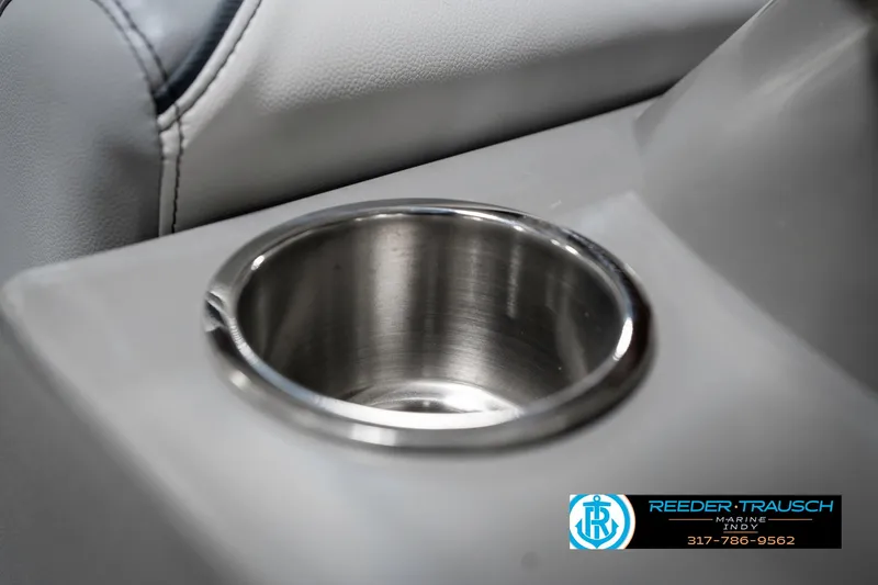 Slide: The Image of Cup holder in 2025 Avalon 1785 Venture CRB boat, featuring sleek stainless steel design. - 46