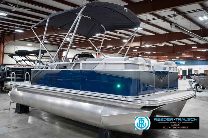 Slide: The Image of 2025 Avalon 1785 Venture CRB pontoon boat with canopy in showroom. - 5