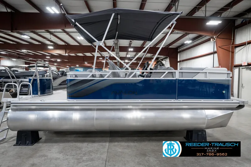 Slide: The Image of 2025 Avalon 1785 Venture CRB pontoon boat in showroom, side view with canopy. - 6