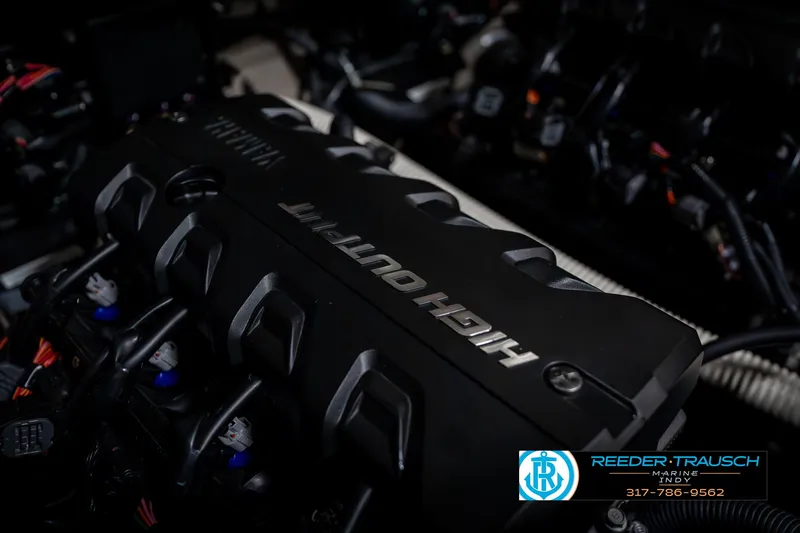 Slide: The Image of Yamaha Boats 2014 242 Limited S engine close-up, showcasing "High Output" branding. - 48