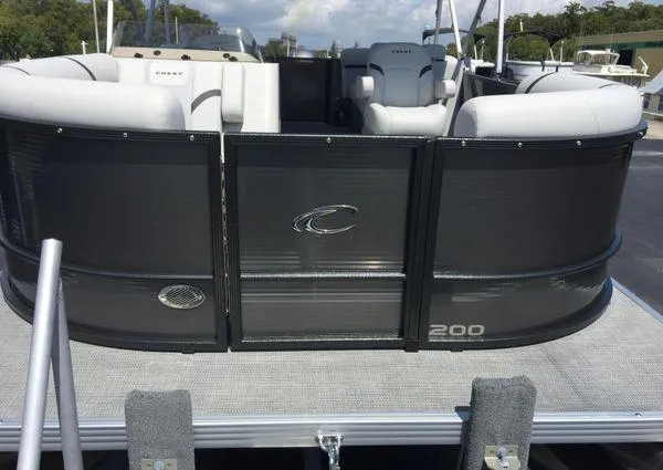 Slide: The Image of 2024 Crest LX 200 SLC pontoon boat with sleek black exterior and comfortable seating. - 29