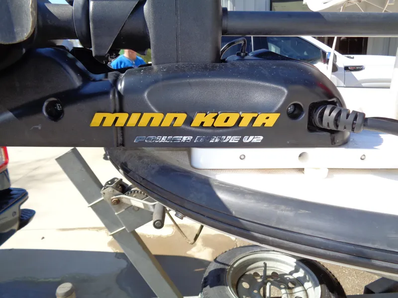 Slide: The Image of Minn Kota Power Drive V2 motor on 2001 Boston Whaler 13 Sport boat. - 2