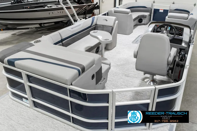 Slide: The Image of 2025 Bennington 23 S Cruise pontoon boat with spacious seating and modern design. - 14