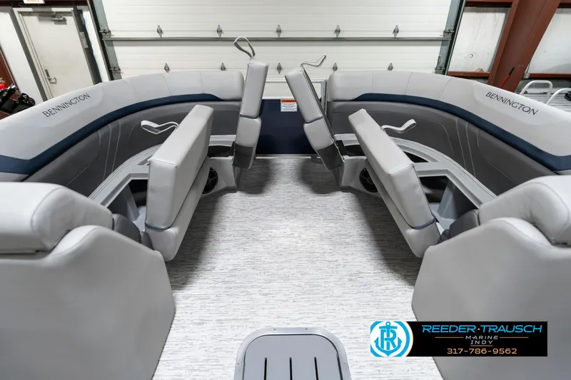 Slide: The Image of 2025 Bennington 23 S Cruise boat interior with gray seating and modern design. - 22