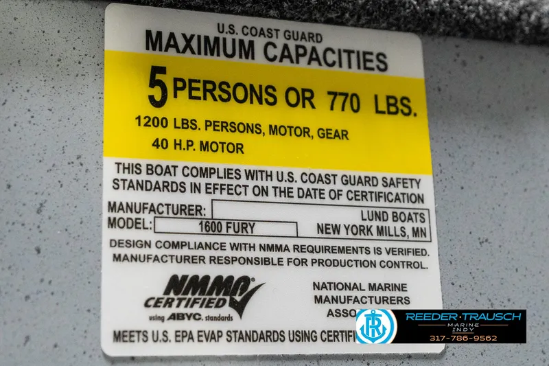 Slide: The Image of 2025 Lund 1600 Fury boat capacity label, 5 persons or 770 lbs, NMMA certified. - 45
