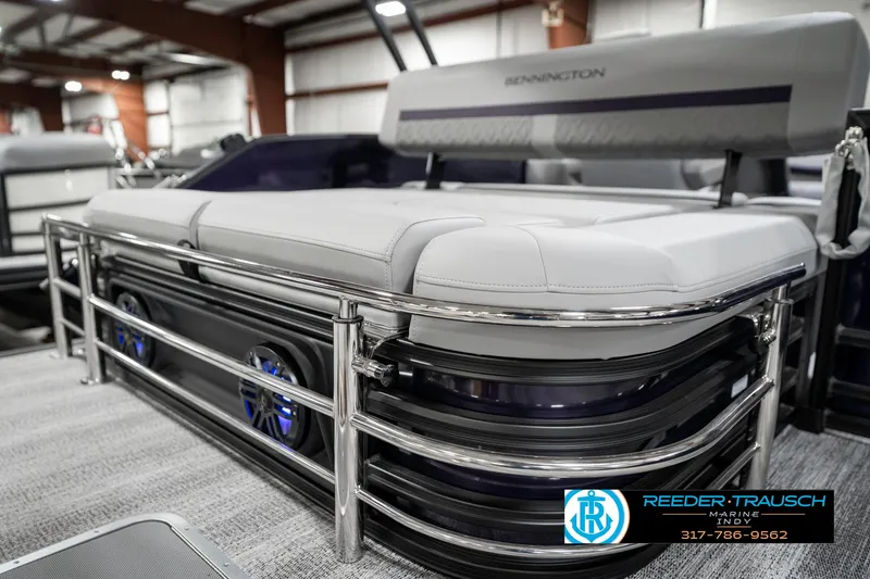 Slide: The Image of 2025 Bennington 22 MSB pontoon boat interior with sleek seating and modern design. - 35