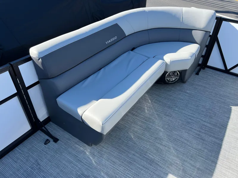 Slide: The Image of 2025 Viaggio Lago V20U boat seating with gray upholstery and modern design. - 21