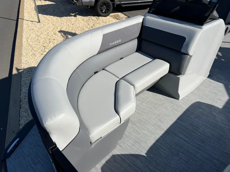 Slide: The Image of 2025 Viaggio Lago V20U boat interior with sleek gray seating and modern design. - 23