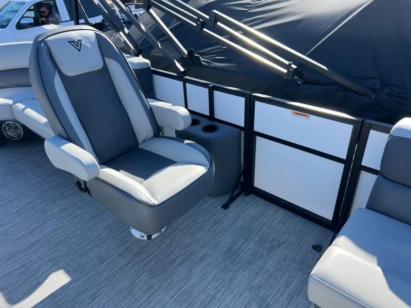 Slide: The Image of Viaggio Lago V20U 2025 boat interior with gray seating and modern design. - 25