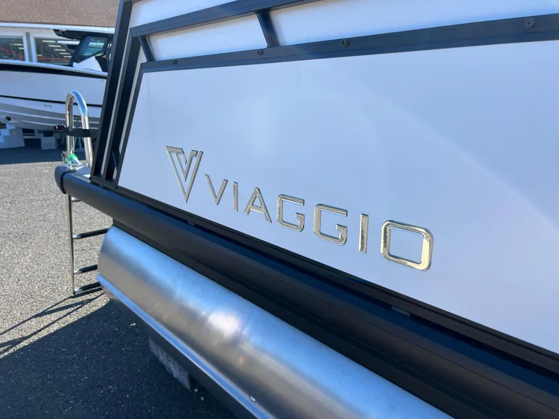 Slide: The Image of 2025 Viaggio Lago V20U boat, close-up of logo and exterior design. - 5