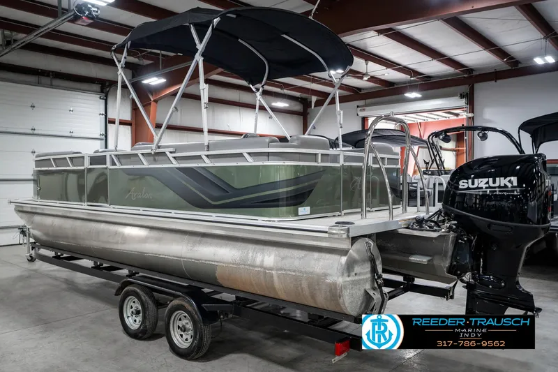 Slide: The Image of 2023 Avalon 2380 VLS pontoon boat with Suzuki engine in showroom. - 10