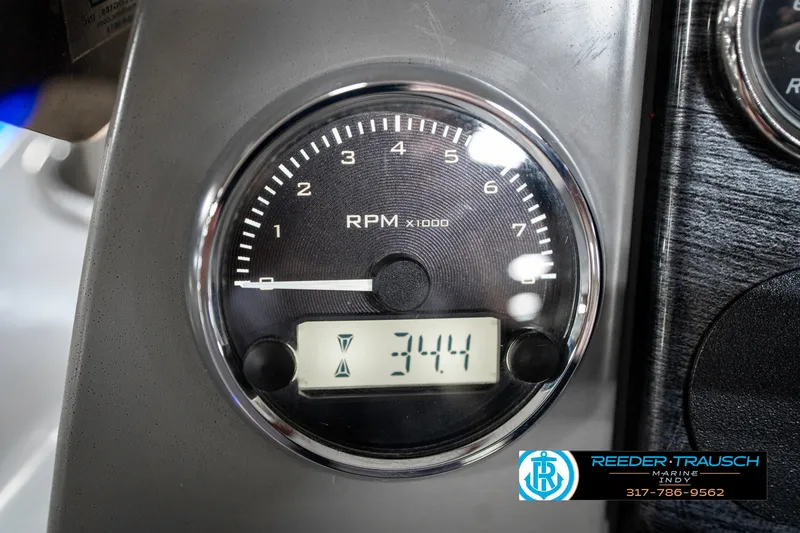 Slide: The Image of Tachometer of 2023 Avalon 2380 VLS showing 3441 RPM, Reeder-Trausch logo visible. - 37