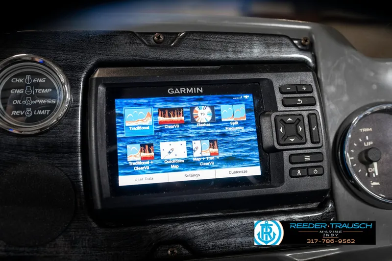 Slide: The Image of Garmin navigation system on 2023 Avalon 2380 VLS boat dashboard, featuring various display options. - 39