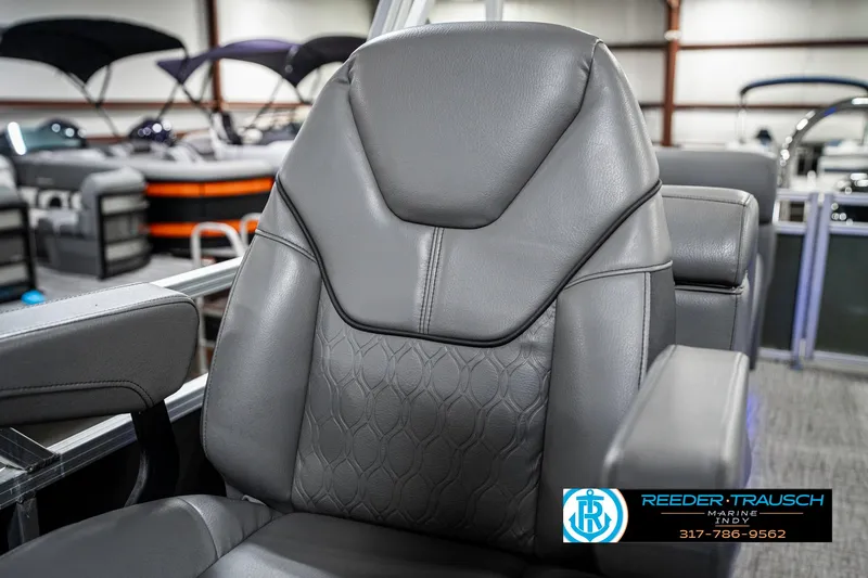 Slide: The Image of Luxurious gray seating in 2023 Avalon 2380 VLS boat, showroom display. - 42