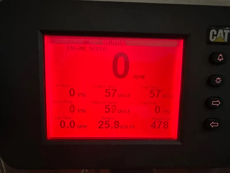 Slide: The Image of Cabo 40 Express 2006 engine display showing zero RPM and various metrics. - 12