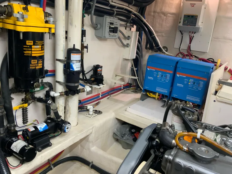 Slide: The Image of Engine room of a 2008 Great Harbour N37 boat with mechanical and electrical systems. - 21