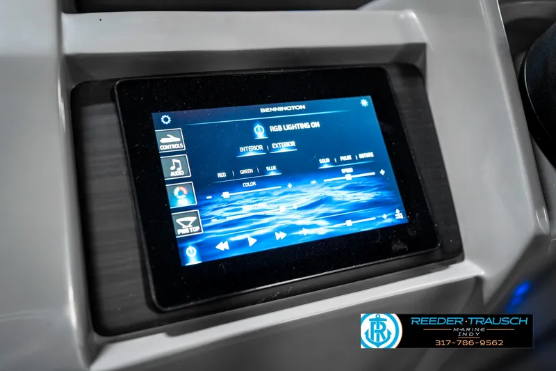 Slide: The Image of Touchscreen control panel in 2025 Bennington 23 LTSB boat, displaying RGB lighting options. - 34