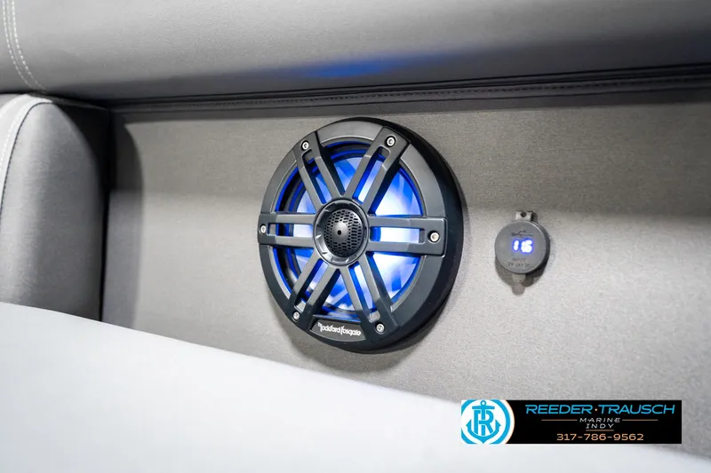 Slide: The Image of 2025 Bennington 23 LTSB boat interior with illuminated Rockford Fosgate speaker. - 44