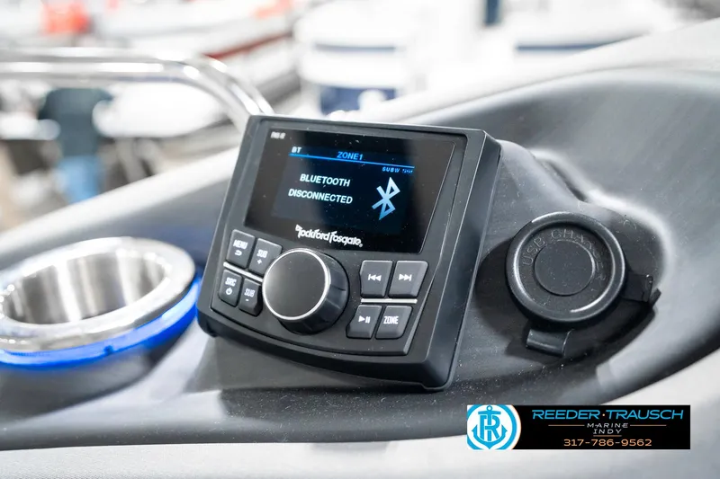 Slide: The Image of 2025 Bennington 23 LTSB boat dashboard with Bluetooth stereo system. - 45