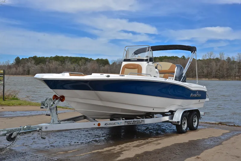 Slide: The Image of 2023 NauticStar 211 Hybrid boat on trailer by a lake, ready for launch. - 10