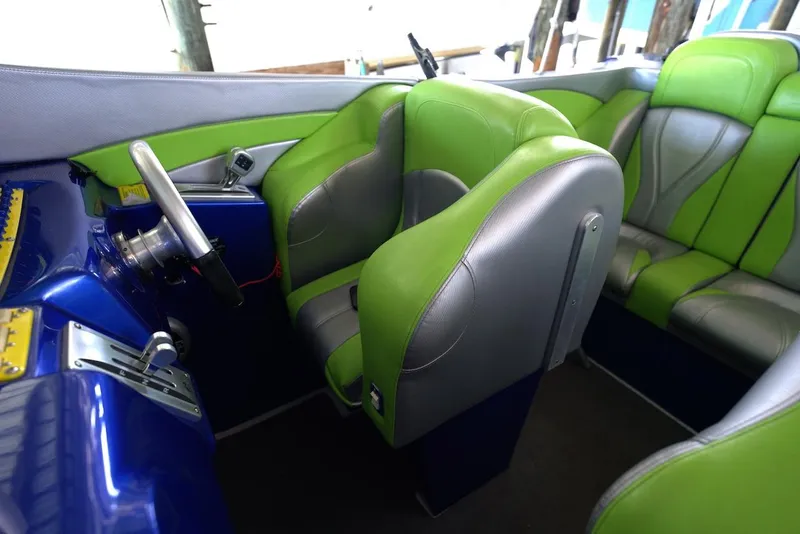 Slide: The Image of 2008 Outerlimits 39 Quattro interior with green and silver seating, blue dashboard. - 27