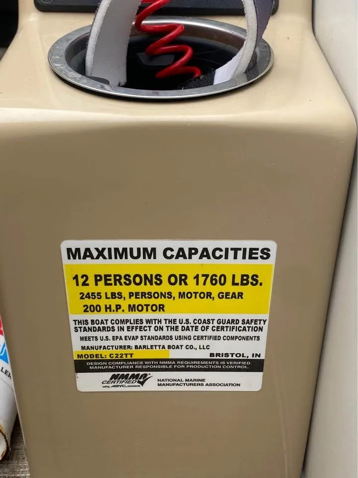 Slide: The Image of Barletta C22CC 2021 capacity label: 12 persons or 1760 lbs, 200 HP motor. - 12