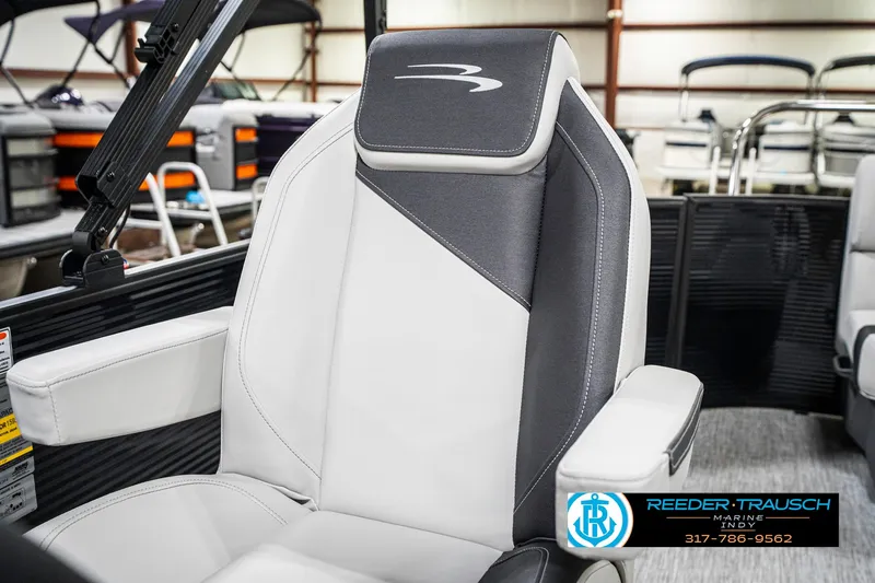 Slide: The Image of 2025 Bennington 21 SL boat seat with sleek black and white design. - 39