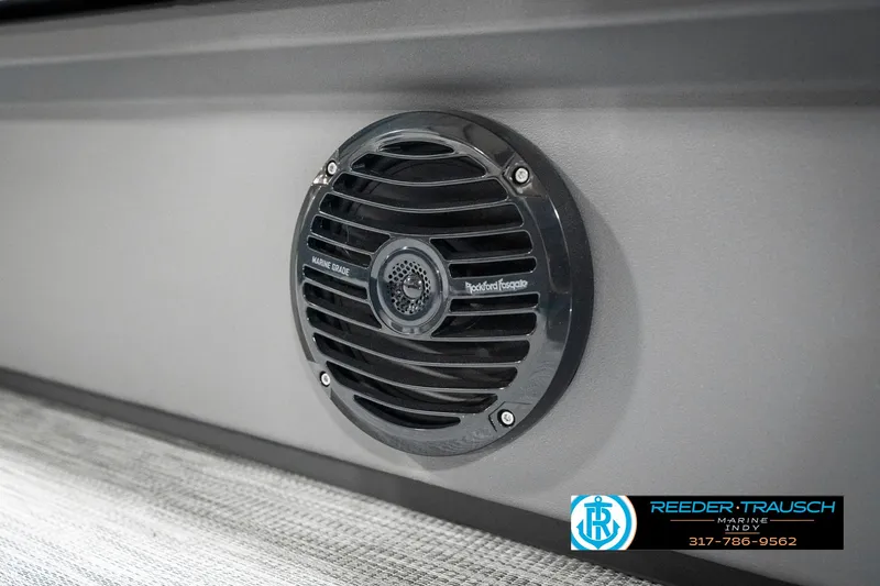 Slide: The Image of 2025 Bennington 21 SL boat speaker detail with Reeder-Trausch Marine logo. - 44